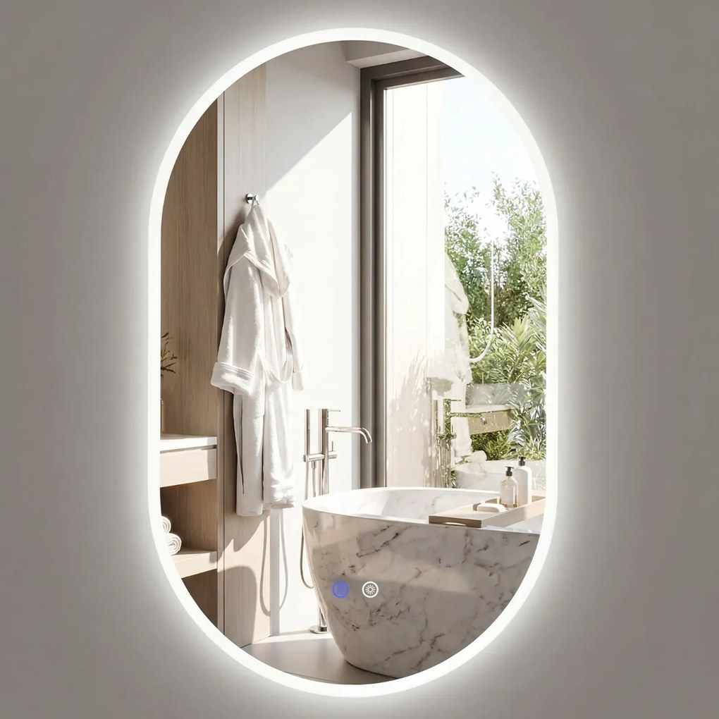Espelho 90x55 cm ovalado iluminado de parede para casa de banho sem moldura LED vidro temperado HD antiembaciamento 3 modos cor ajustável Prata