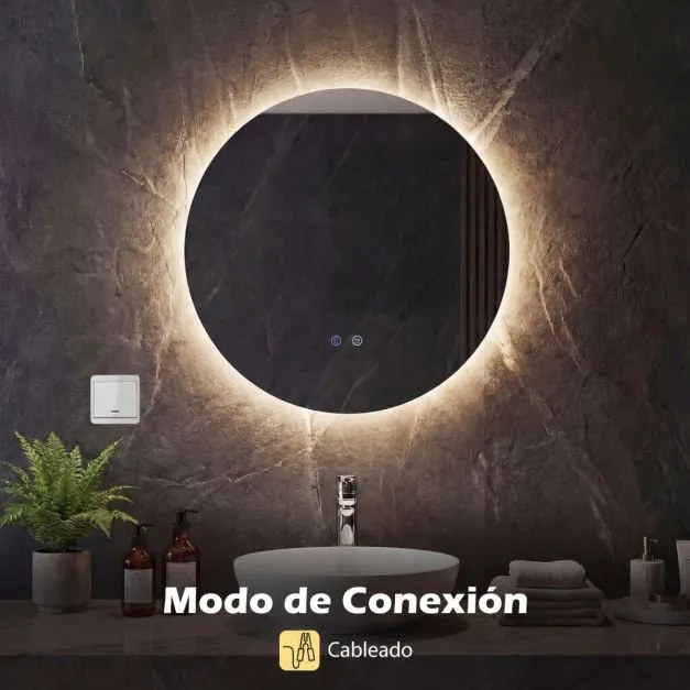 Espelho redondo LED de 60 cm com luz; espelho de casa de banho para montagem na parede com intensidade de luz ajustável e controlo tátil