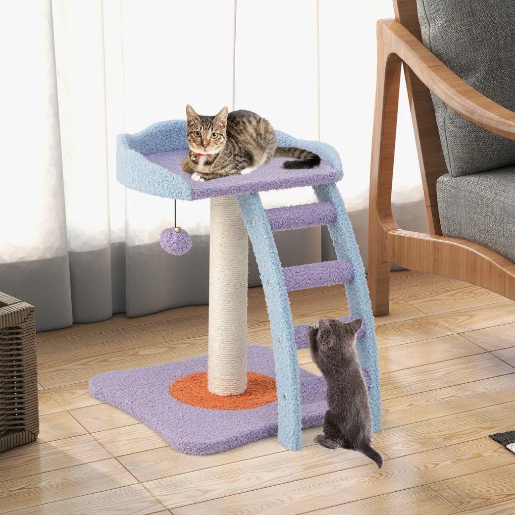Arranhador para gatos com poste para arranhar revestido de sisal, plataforma de torre de poleiro de pelúcia e escada integrada de 4 degraus para gatos