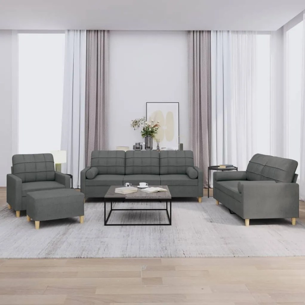 4 pcs conjunto de sofás com almofadas tecido cinzento-escuro