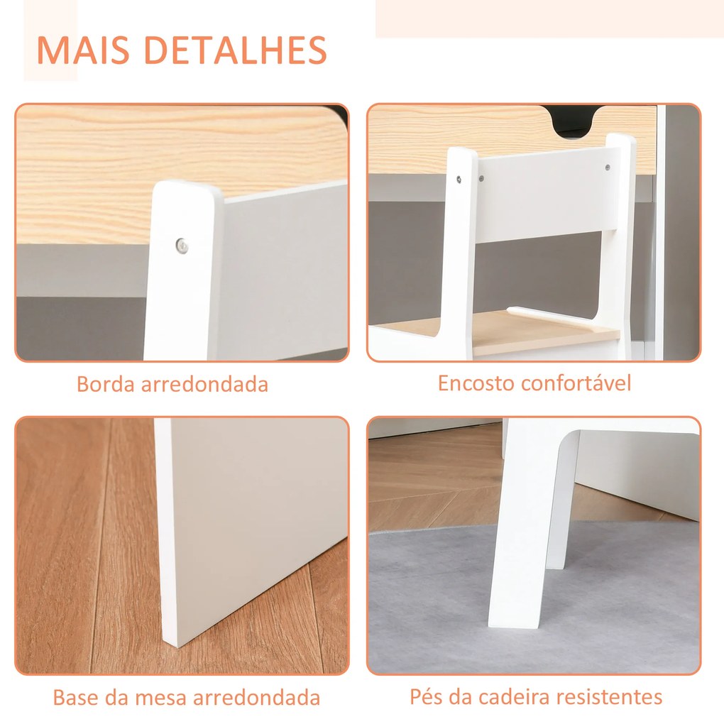 Secretária para Crianças de 3 e 6 Anos Conjunto de Mesa e Cadeira com Prateleira para Livros 70x50x75 cm Branco e Madeira