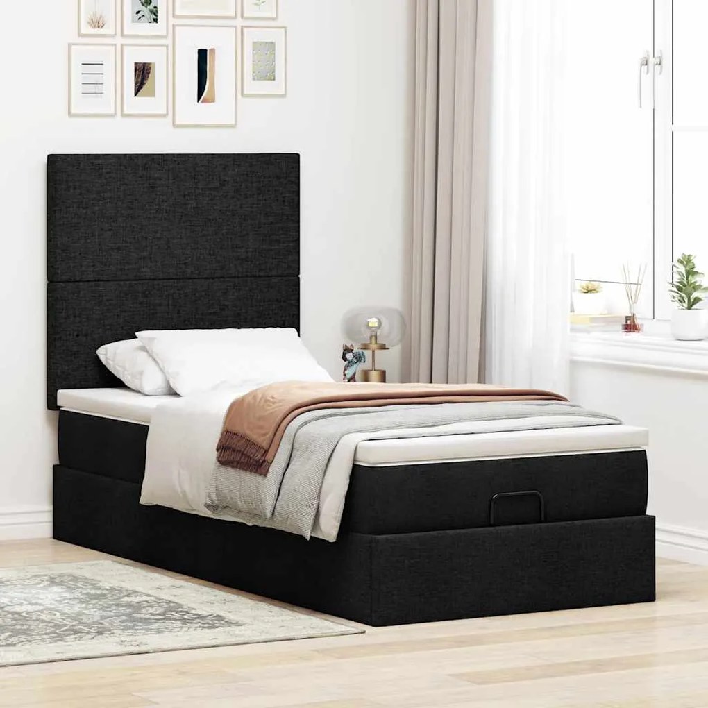 Cama otomana com colchão 100x200 cm tecido preto