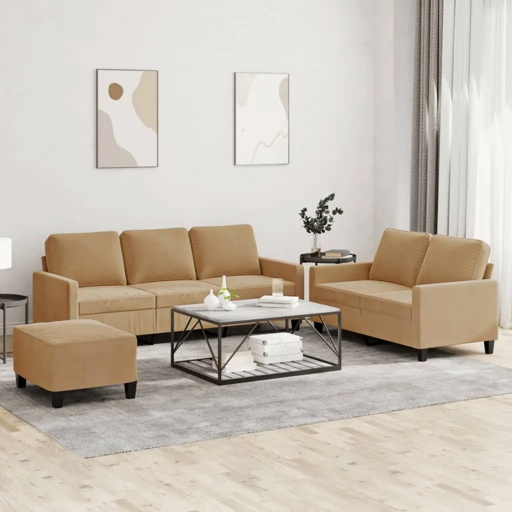 3 pcs conjunto de sofás com almofadões veludo castanho
