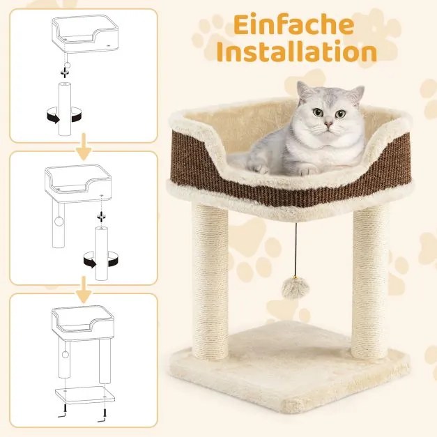 Arranhador para gatos 38 x 38 x 51 cm pequeno com assento em pelúcia, bola e colunas de sisal, bege