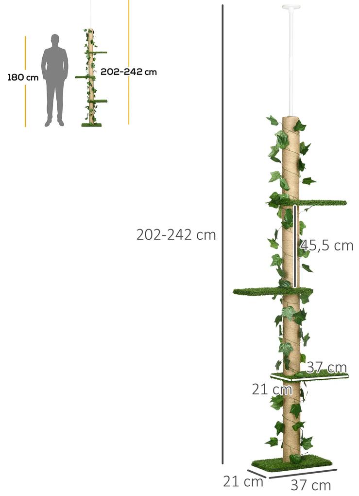Árvore para Gatos do Chão ao Teto 37x21x202-242 cm com 4 Plataformas de Relva Artificial Folhas Artificiais e Poste de Juta Verde