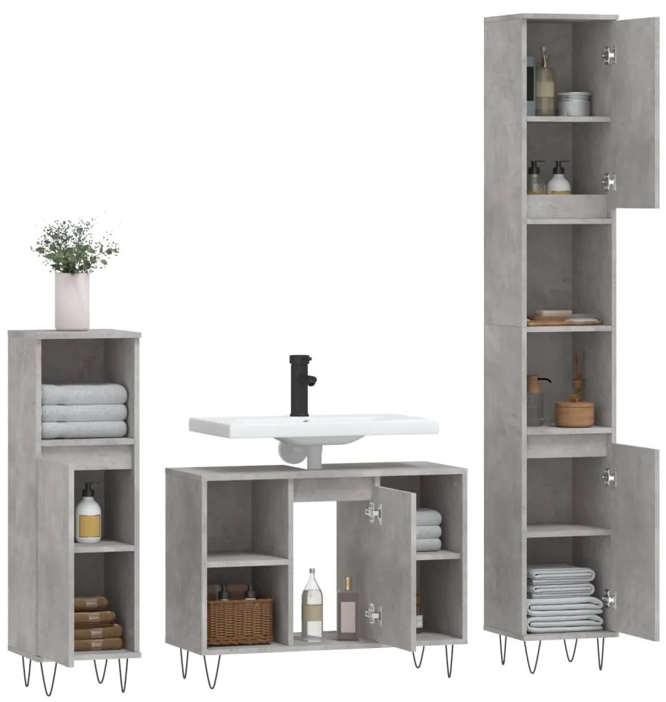3 pcs conj. móveis casa banho derivados madeira cinza cimento