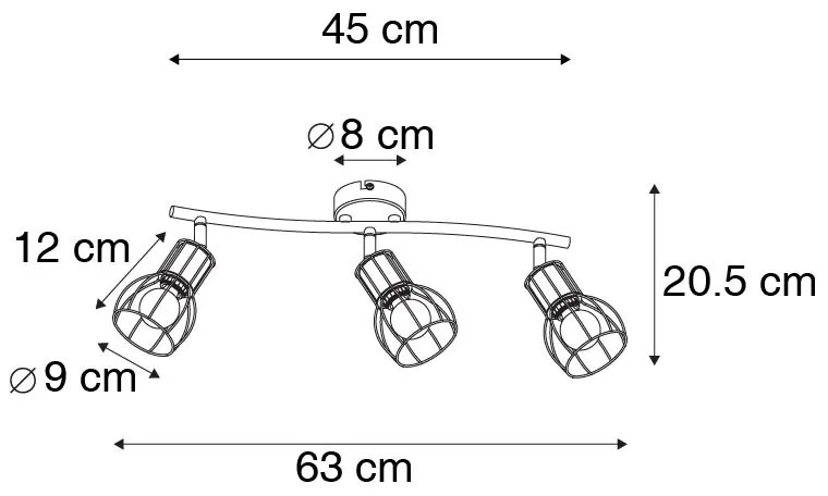 Candeeiro de teto moderno preto 63 cm 3 luzes ajustáveis - Botu Moderno