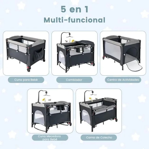 Berço de viagem para bebés de 0 a 3 anos com trocador, colchão, brinquedos pendurados, caixa de música, altura ajustável, rodas preto