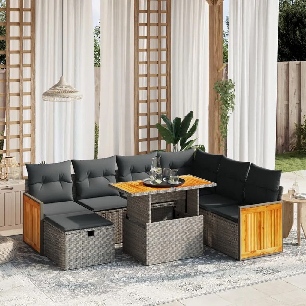 8 pcs conjunto sofás de jardim c/ almofadões vime PE cinzento