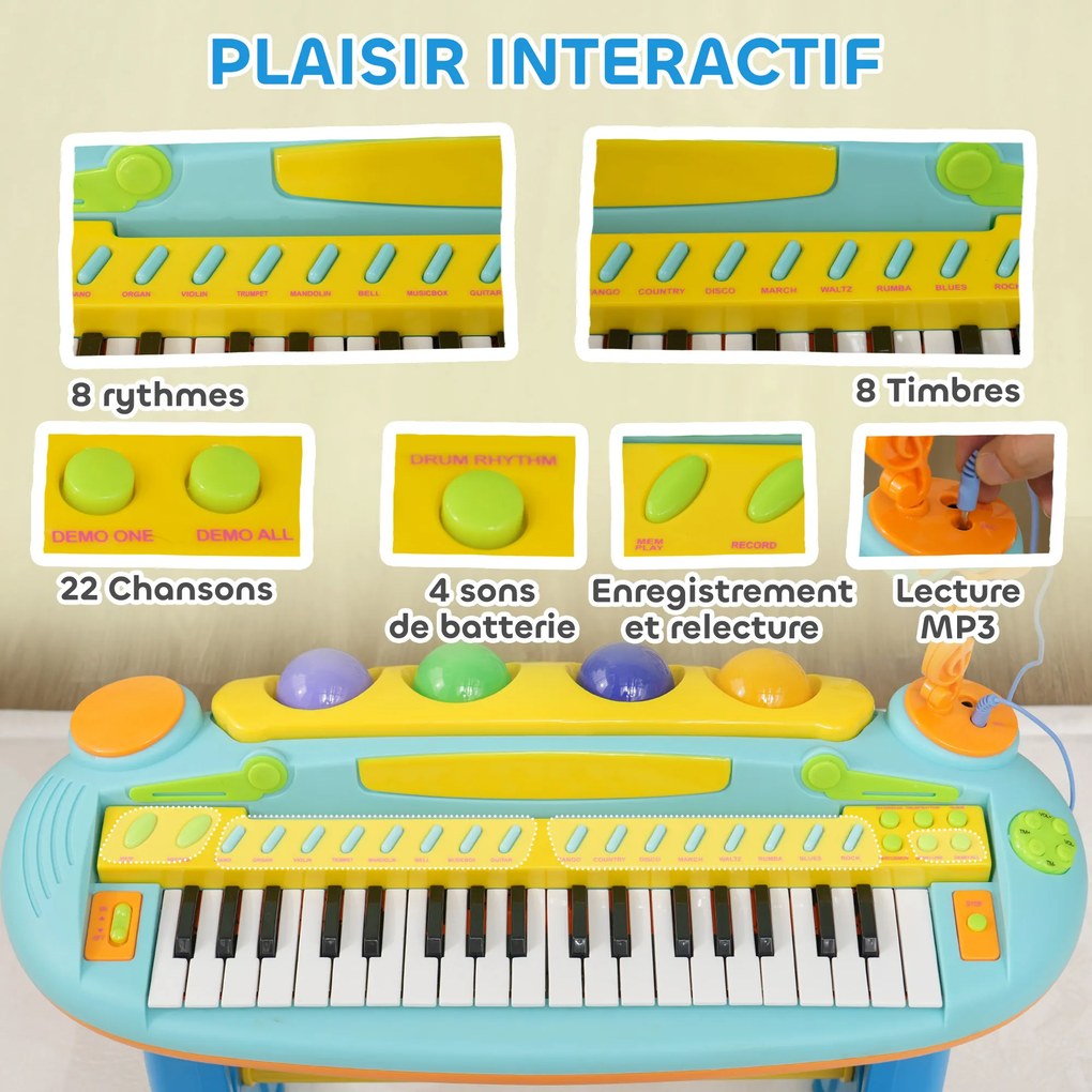 Piano eletrónico infantil de 37 teclas, com microfone, banco, luz LED e função de gravação e reprodução azul