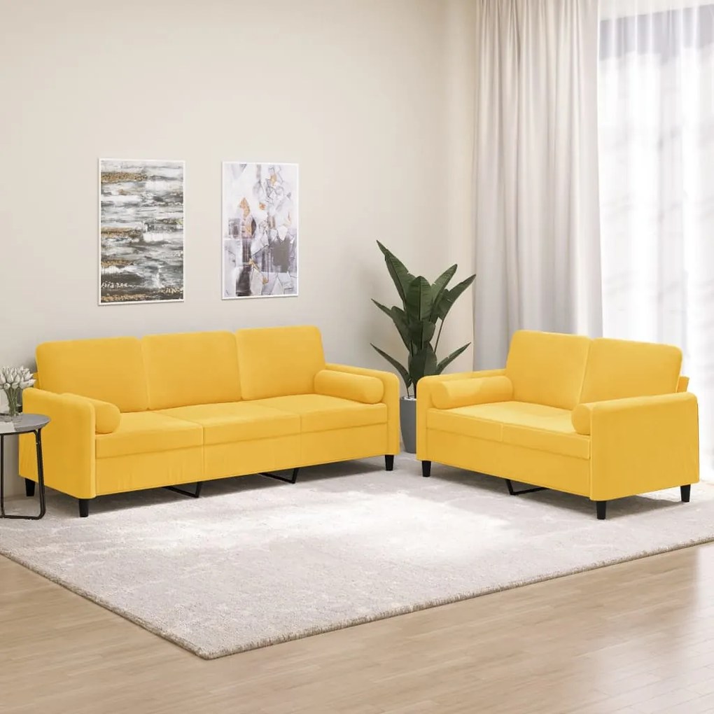vidaXL 2 pcs conjunto sofás c/ almofadas/almofadões veludo amarelo