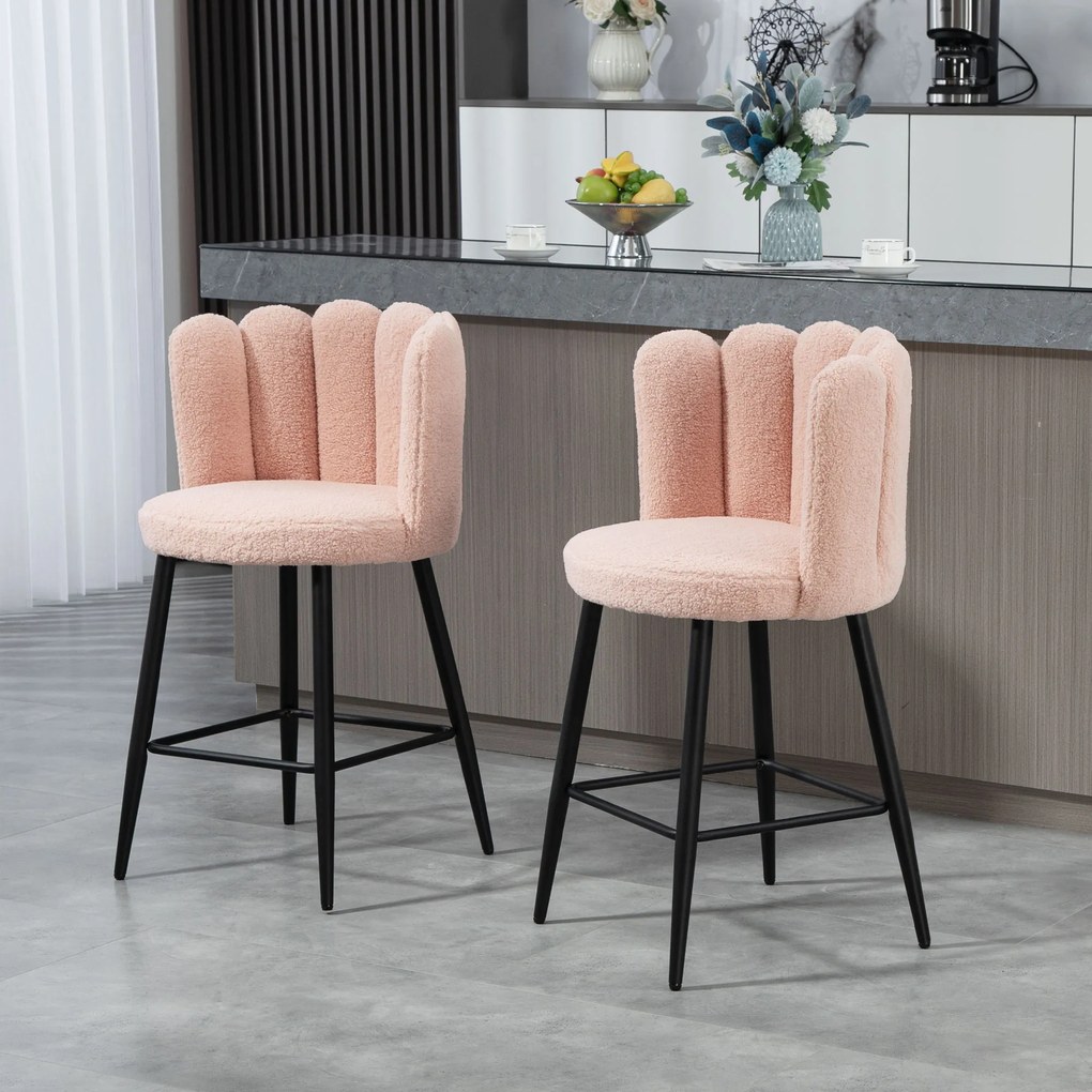 Conjunto de 2 bancos de bar com encosto e apoio para os pés, pés em aço, 52 x 53 x 93 cm, rosa