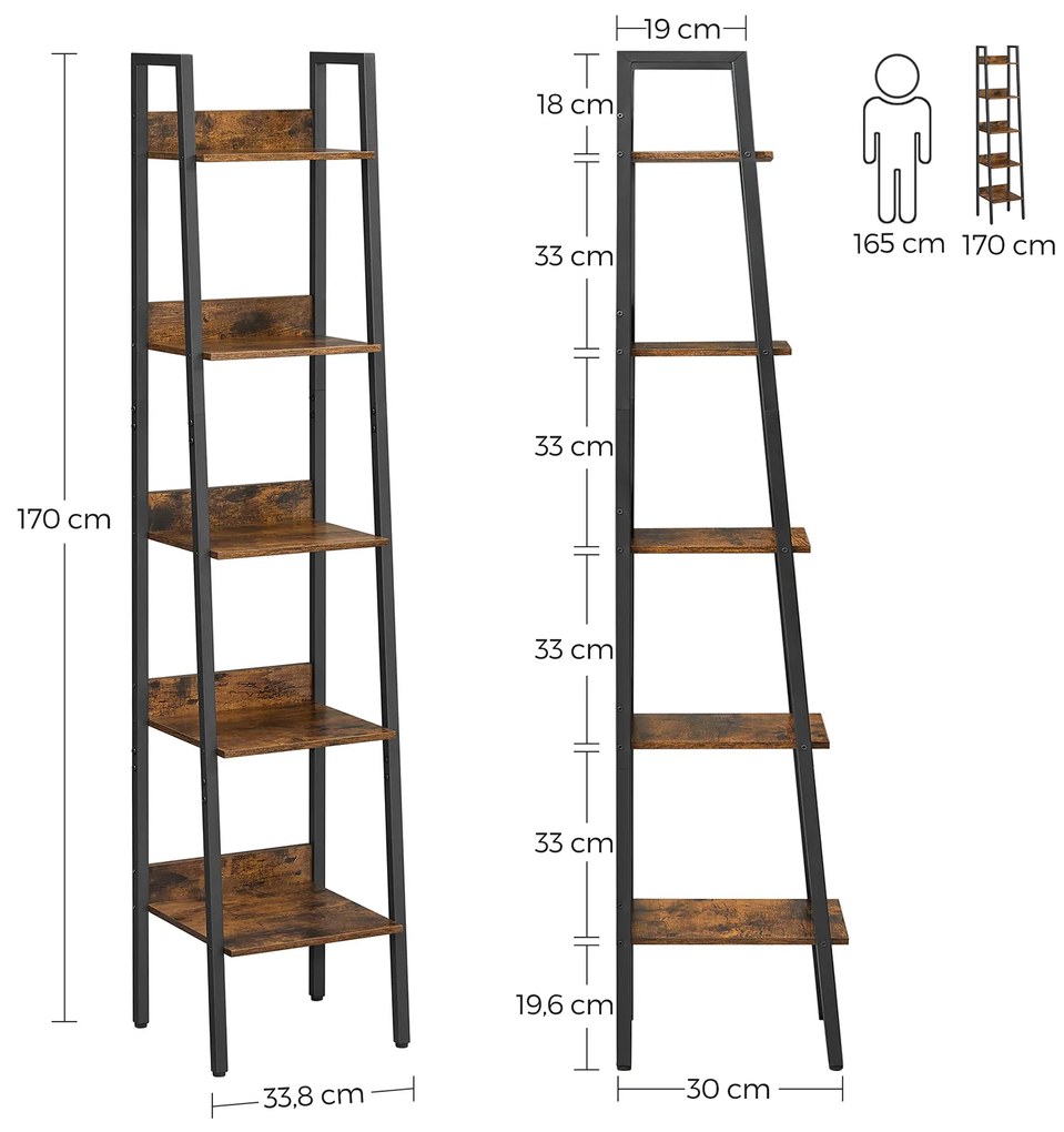 Estante em escada de design industrial com 5 prateleiras 33,8 x 30 x 170 cm Castanho Vintage-preto