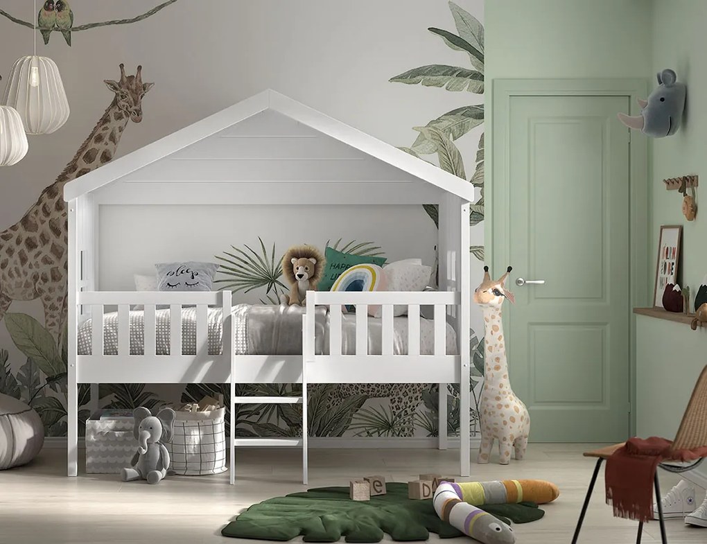 Cama para Crianças Casa HOUSEBED COM ESCADA BRANCA