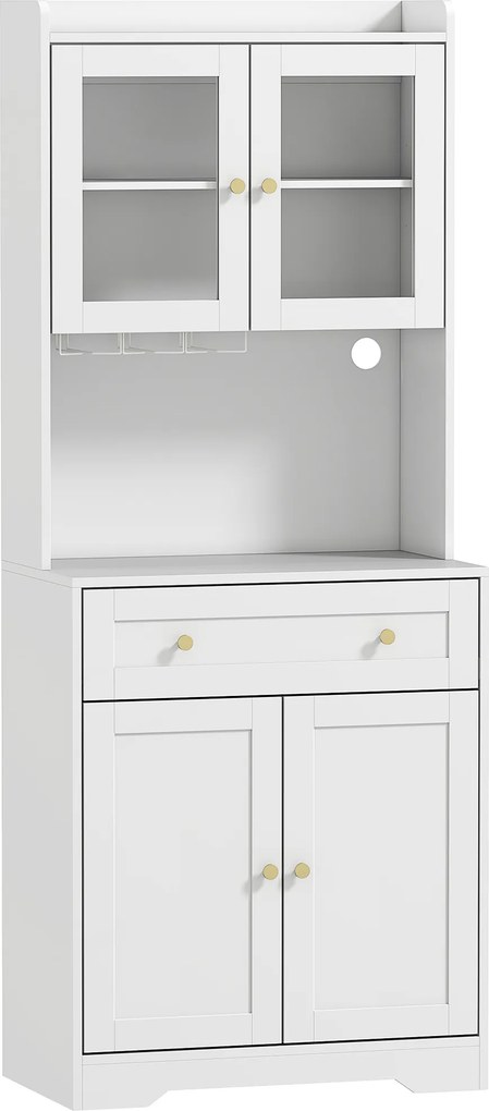 HOMCOM Armário de cozinha com bancada, suporte para taças de vinho, despenseiro para cozinha, sala de jantar, 170 cm, MDF, Vidro, Branco | Aosom Portugal