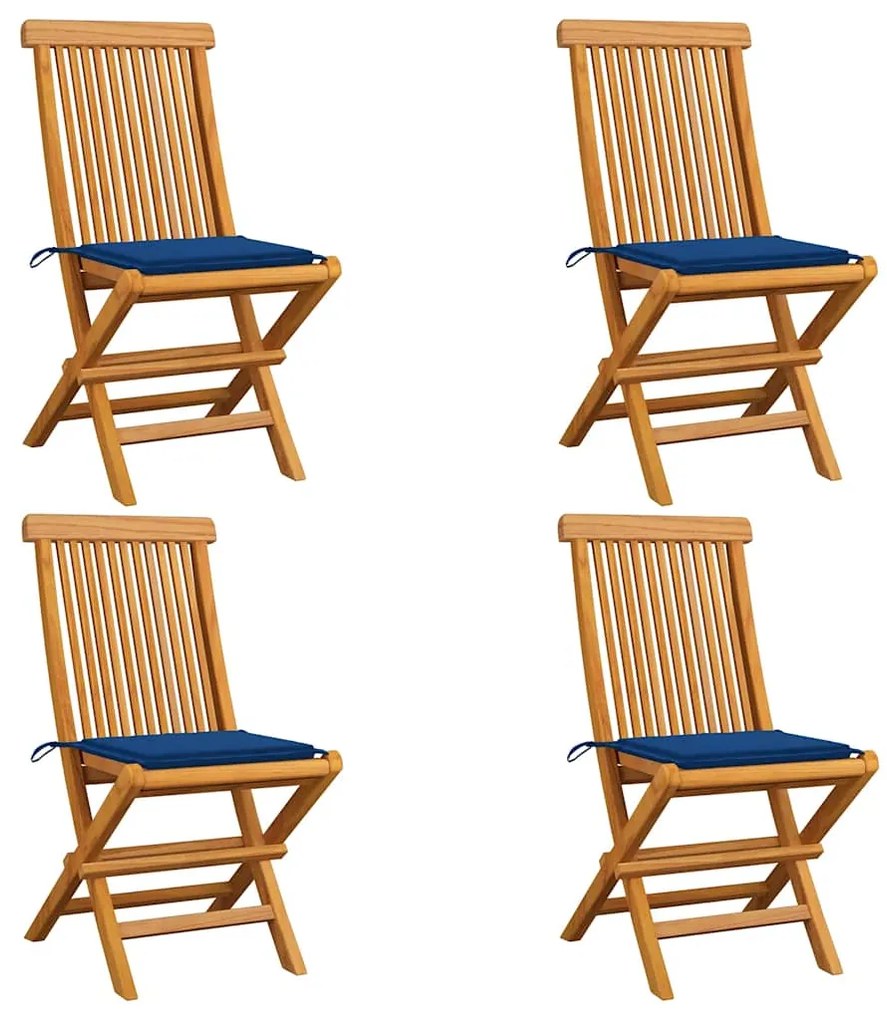 vidaXL Cadeiras de jardim c/ almofadões azul real 4 pcs teca maciça