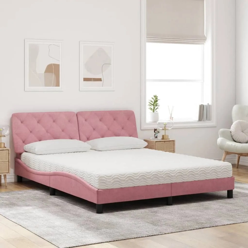 Cama com colchão 160x200 cm veludo rosa