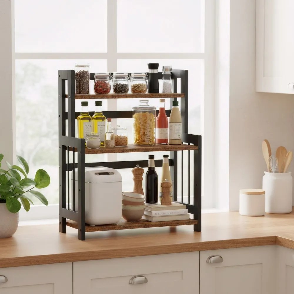 Prateleira para especiarias em bambu de cozinha com 3 níveis 18 x 41 x 53 cm castanho-preto
