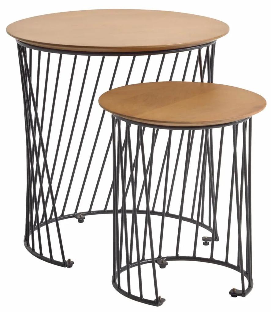 Kave Home - Set Leska 2 mesas de apoio de encaixar madeira maciça mangueira e pernas metal Ø50 / Ø35cm