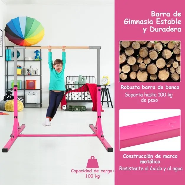 Barra de ginástica infantil dobrável com 13 alturas ajustáveis Estrutura triangular para ginásio em casa Carga 100 kg Rosa