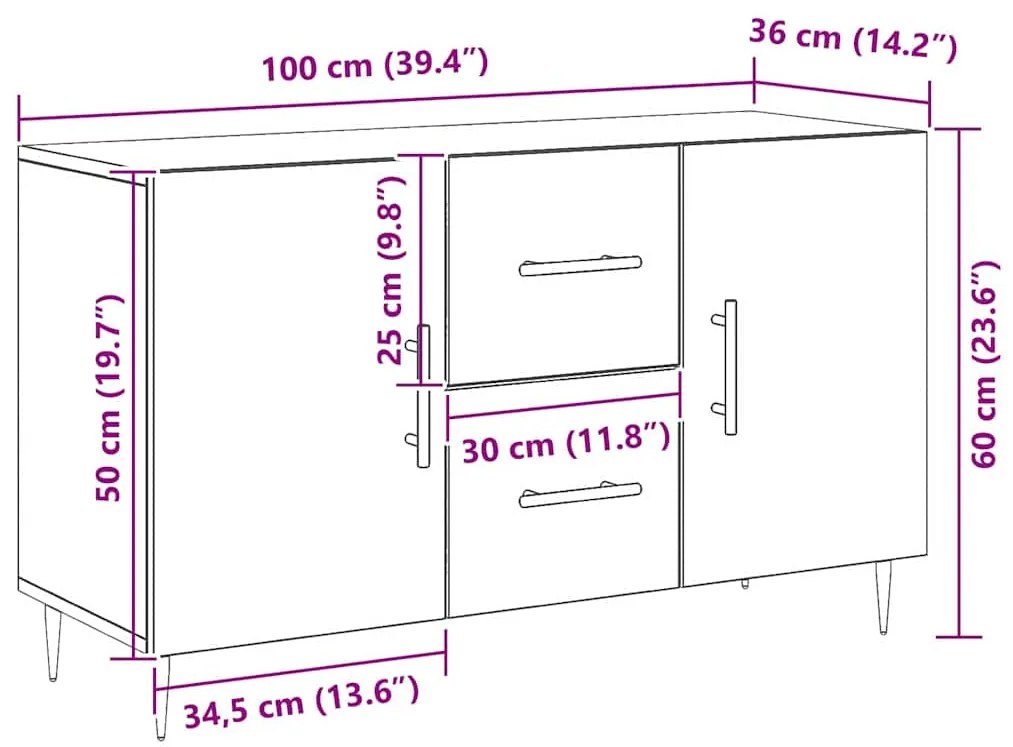 Buffet vidaXL Preto Carvalho 100x36x60 cm Madeira de Engenharia