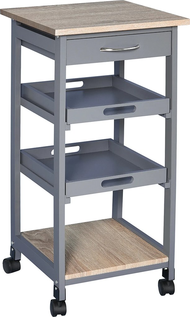 Carrinho de serviço de cozinha com rodas, 2 tabuleiros removíveis, gaveta e prateleira em carvalho claro e pinho cinzento