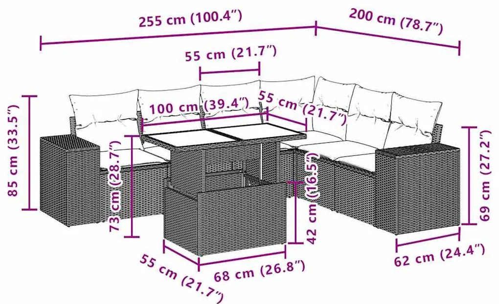 7 pcs conjunto de sofás p/ jardim c/ almofadões vime PE preto