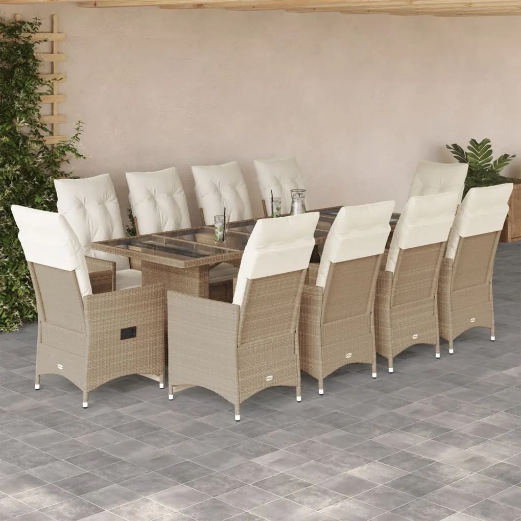 vidaXL 11 pcs conjunto de bistrô p/ jardim c/ almofadões vime PE bege