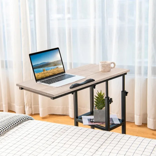 Mesa lateral móvel em forma de C com altura ajustável para computador, superfície de sofá com inclinação industrial, sala de estar, quarto, natural