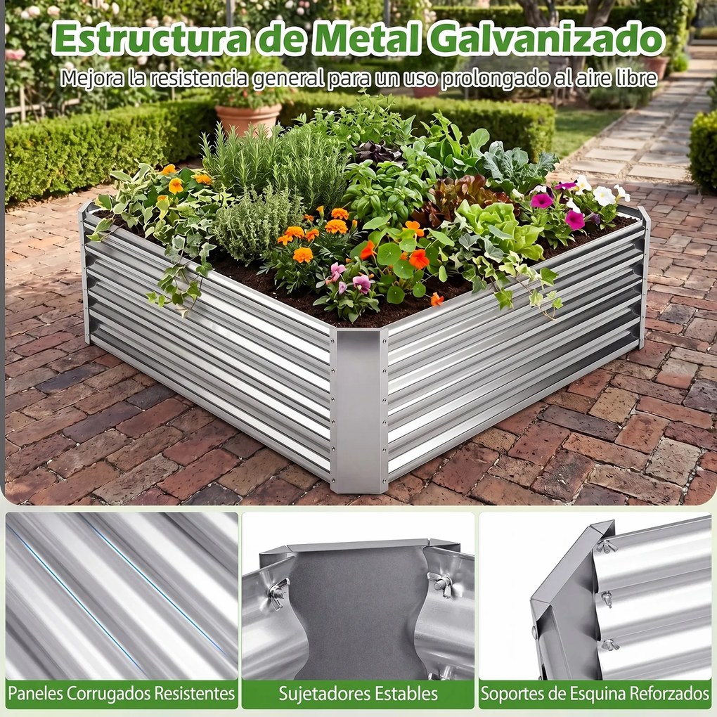 Floreira Elevada para Flores, Frutas e Ervas, 124 x 124 x 44,5 cm, Fundo Aberto, Prateado