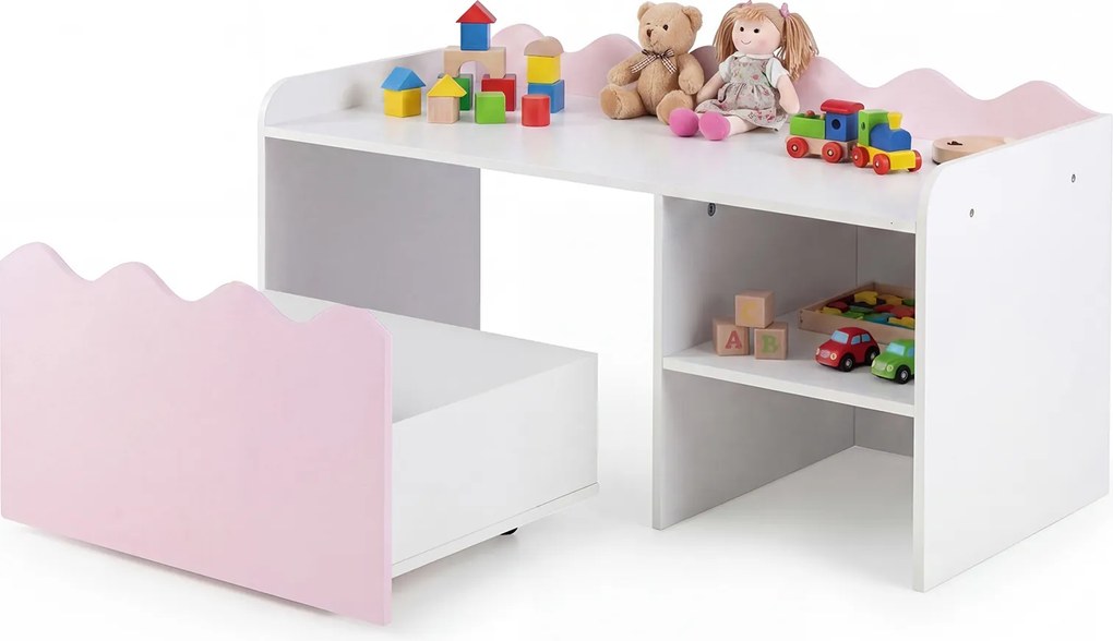 Secretária Infantil com Estante Aberta, 89,5 x 40 x 45 cm, Caixa de Arrumação com Rodas, Rosa