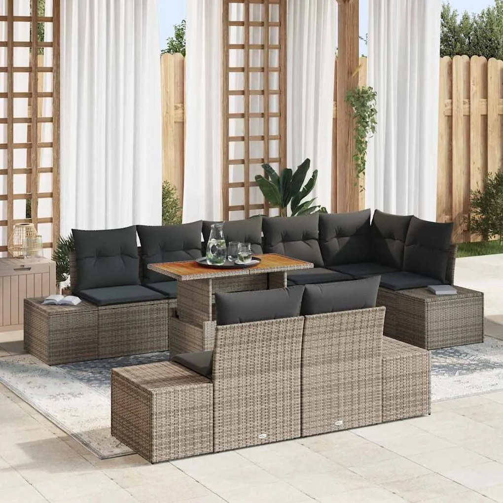 vidaXL Conjunto de Jantar para Jardim de 9 Peças com Almofadas Cinza em Rattan de Poliéster e Acácia