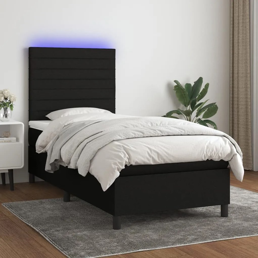 Cama box spring c/ colchão e LED 100x200 cm tecido preto