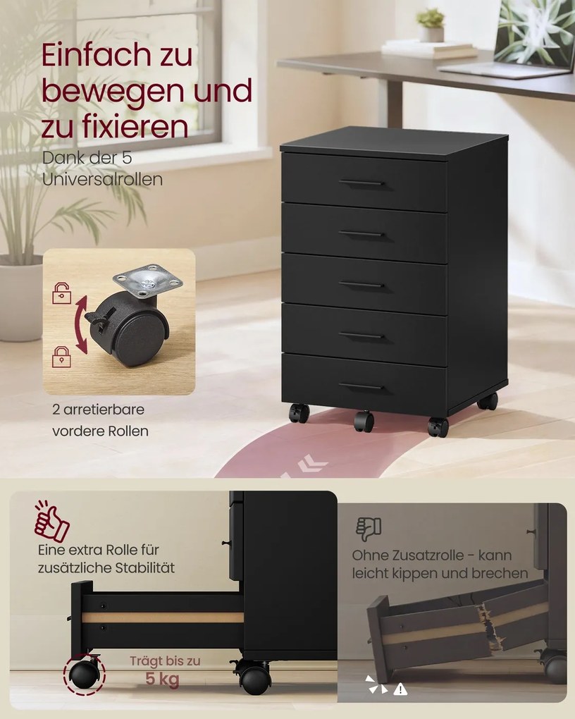 Bloco de gavetas para escritório com rodas, 5 gavetas 40 x 42 x 65,7 cm, corrediças sem parafusos, preto