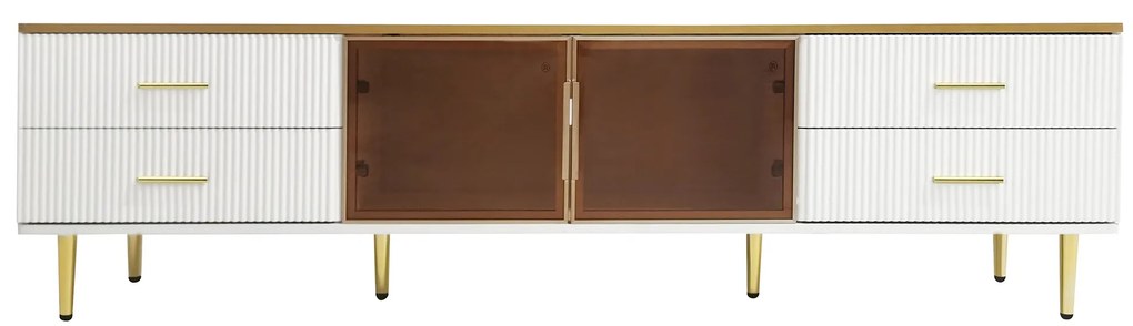 Móvel de TV em Mármore com 4 Pés, 4 Gavetas Estruturadas com Puxadores Dourados e Duas Portas em Vidro Temperado Castanho,170x37x47,5cm Branco