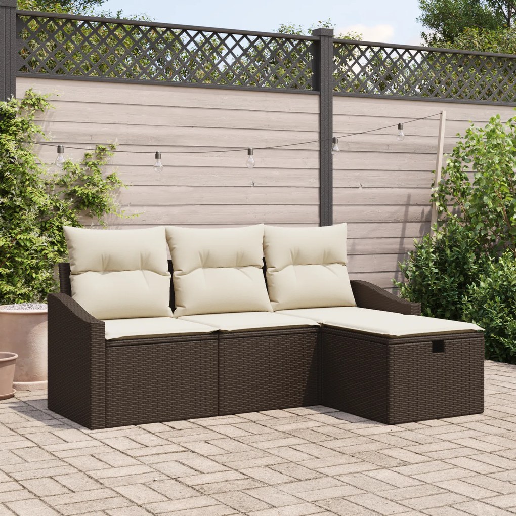 Conjunto de Sofá de Jardim de 4 Peças com Almofadas Rattan Castanho Po