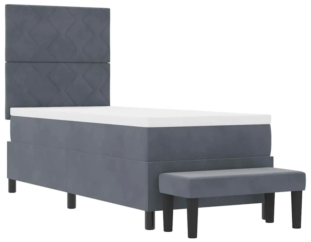 Cama Box Spring com Colchão e Banco Cinza Escuro 80x200 cm Veludo