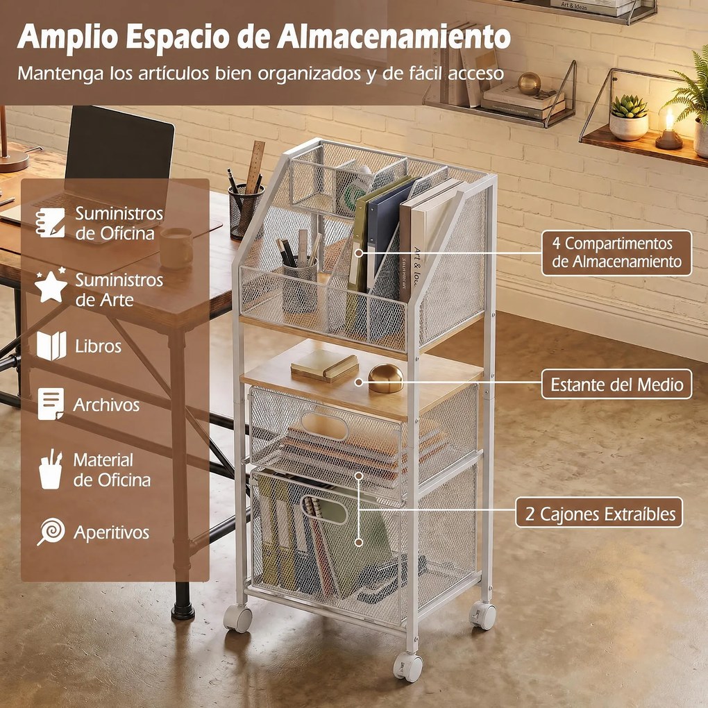 Carrinho de Arrumação, 37 x 26 x 84 cm, 2 Gavetas e Rodas com Travão, Branco