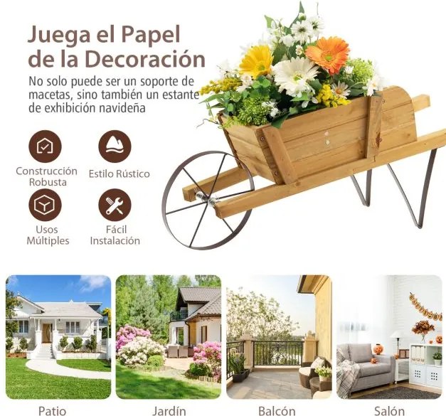 Floreira Jardim de madeira de pinho forma Carrinho de mão para interior e exterior com 9 acessórios magnéticos 69,5 x 26 x 29,5 cm Natural