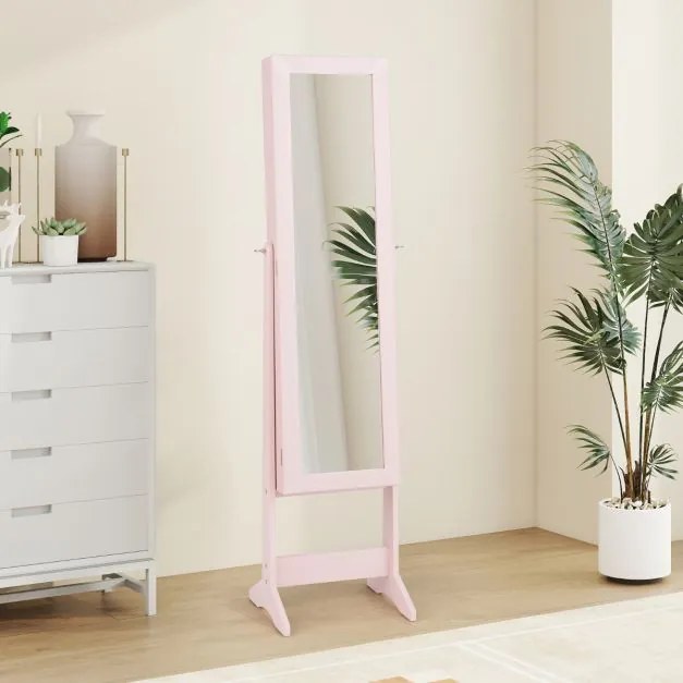 Armário Joias com Espelho de Corpo Inteiro e 3 Ângulos Reguláveis Organizador de Jóias 2 em 1 35 x 30 x 144 cm Rosa