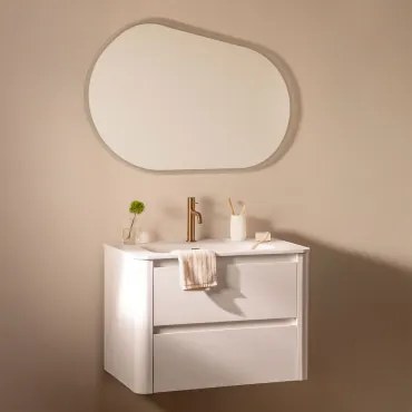 Conjunto De Móvel De Casa De Banho Suspenso 80x50 Cm Em Madeira Com Lavatório Integrado Egerton Branco & Oval Led E Anti-embaciamento 100x80 - Sklum