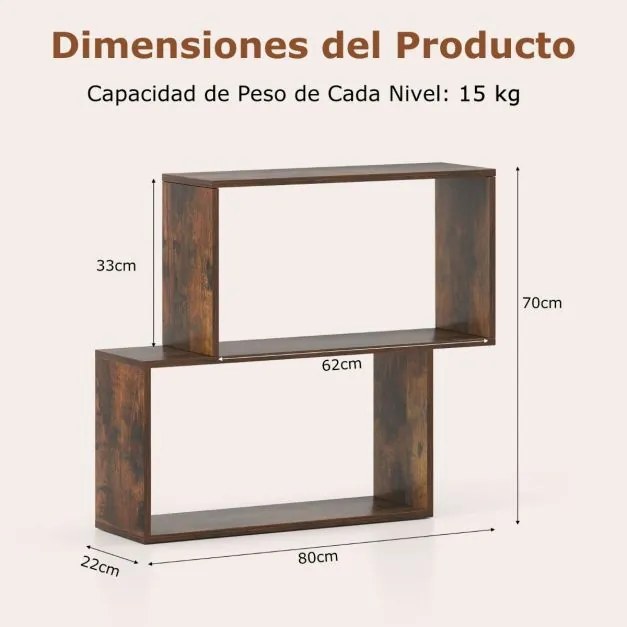 Estante para livros 80 × 22 × 70 cm de 2 níveis com espaço de armazenamento Castanha