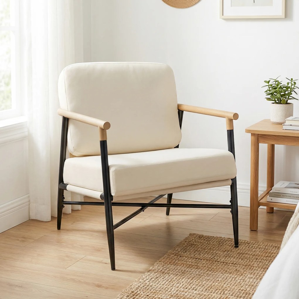 Poltrona moderna de sala, poltrona decorativa com almofadas removíveis com fecho de correr, Estrutura de metal e pés ajustáveis, confortável, bege