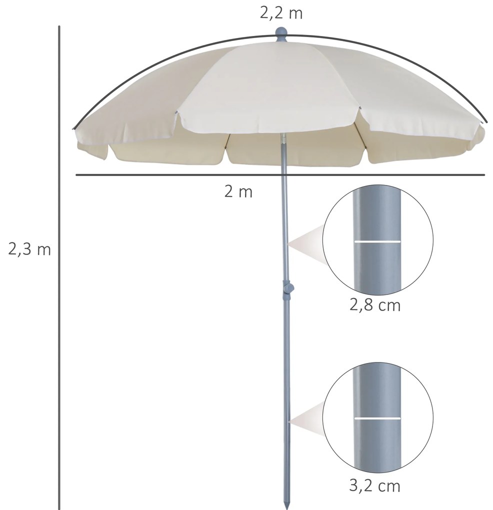 Guarda-sol de praia Ø200 cm de diâmetro com Telhado Inclinado  Poste Destacável  e pico inferior creme