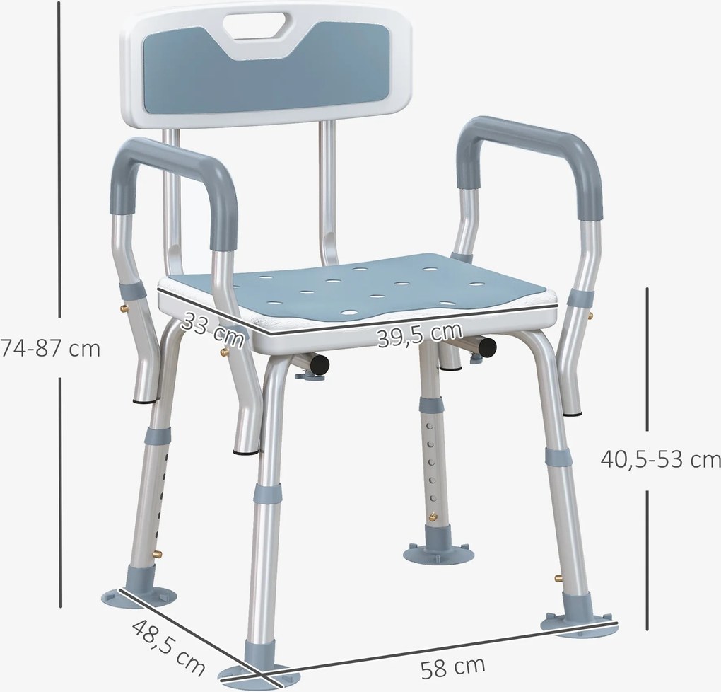 Cadeira de Duche Ergonómica, 56,5 x 53,5 x 87 cm, Altura Regulável, Branco