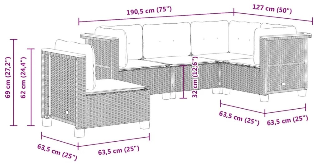 5 pcs conjunto de sofás p/ jardim com almofadões vime PE bege