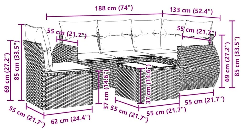 6 pcs conj. sofás jardim com almofadões vime PE cinzento-claro