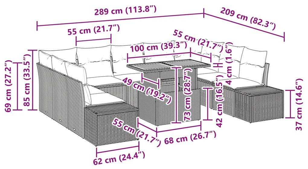 Conjunto de Jantar de Jardim com 10 Peças e Almofadas Preto Rattan Pol