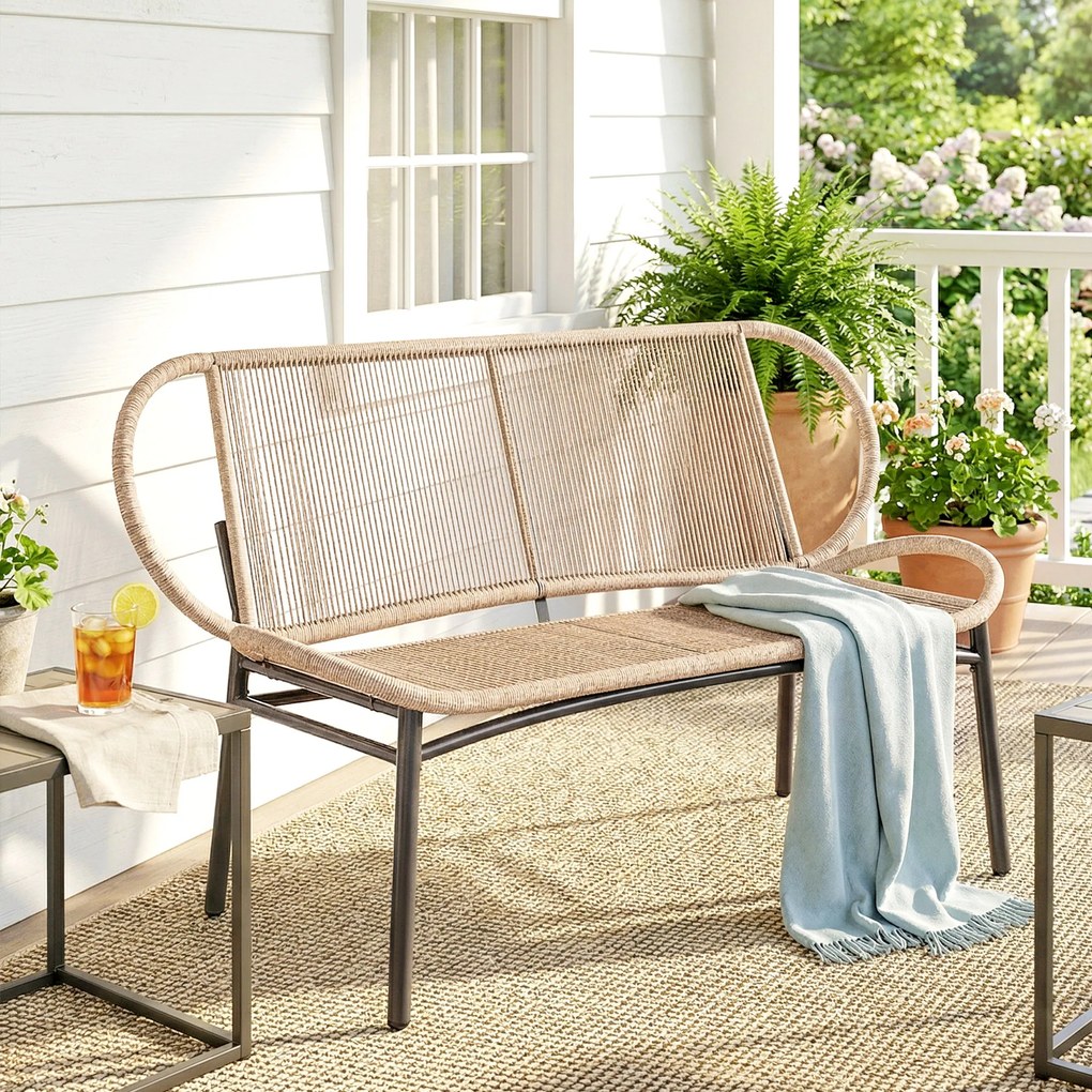 Banco de jardim de 2 lugares, 138C x 62L x 83A cm em resina trançada com estrutura metálica, resistente às intempéries, cor natural