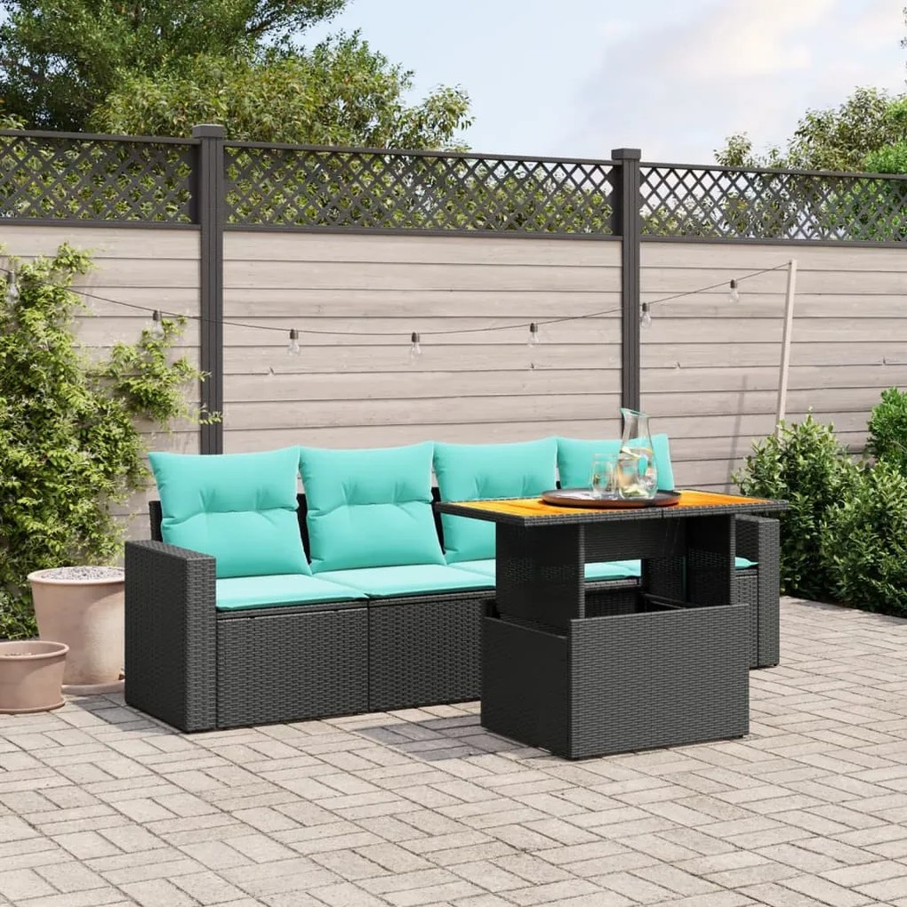 vidaXL 5 pcs conjunto de sofás p/ jardim c/ almofadões vime PE preto